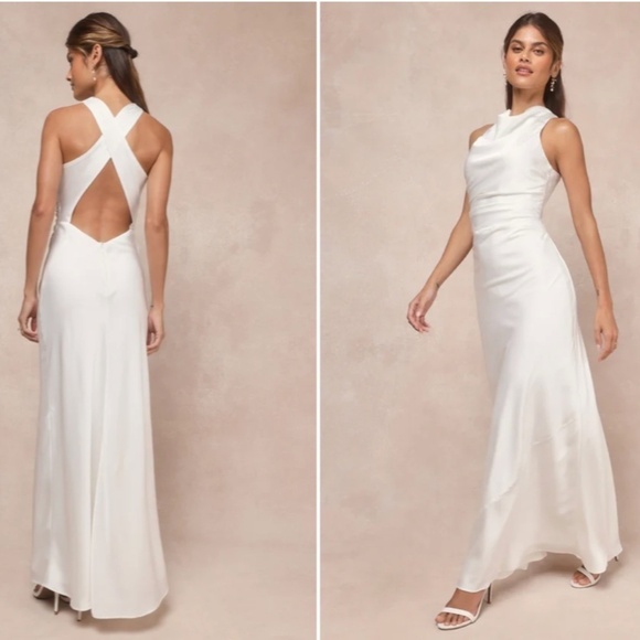 LULU's Bridal Satin Cowl Neck Modest Elegant Open Back Sophisticated Maxi Gown - Picture 2 of 7